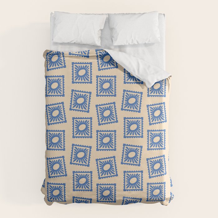 Vintage blue flower postage stamp pattern Duvet Cover Gallery Image 1