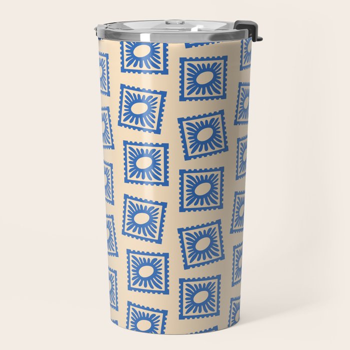 Vintage blue flower postage stamp pattern Travel Mug Gallery Image 2