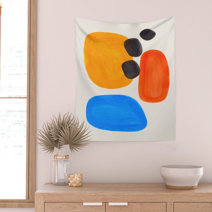Minimalist Modern Mid Century Colorful Abstract Shapes Primary Colors Yellow Orange Blue Bubbles Wall Tapestry Gallery Image 2
