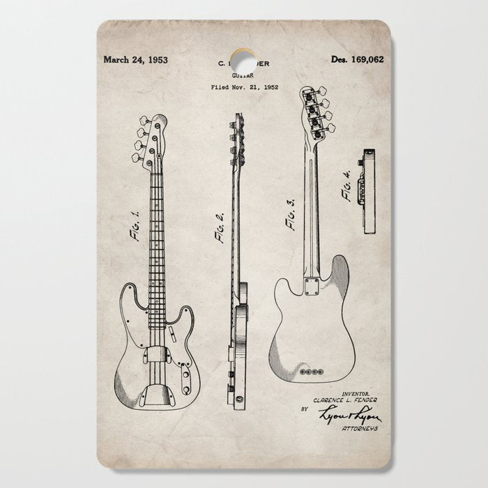 Bass Guitar Patent - Bass Guitarist Art - Antique Cutting Board Gallery Image 1