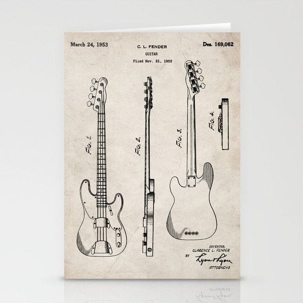 Bass Guitar Patent - Bass Guitarist Art - Antique Stationery Card Gallery Image 1
