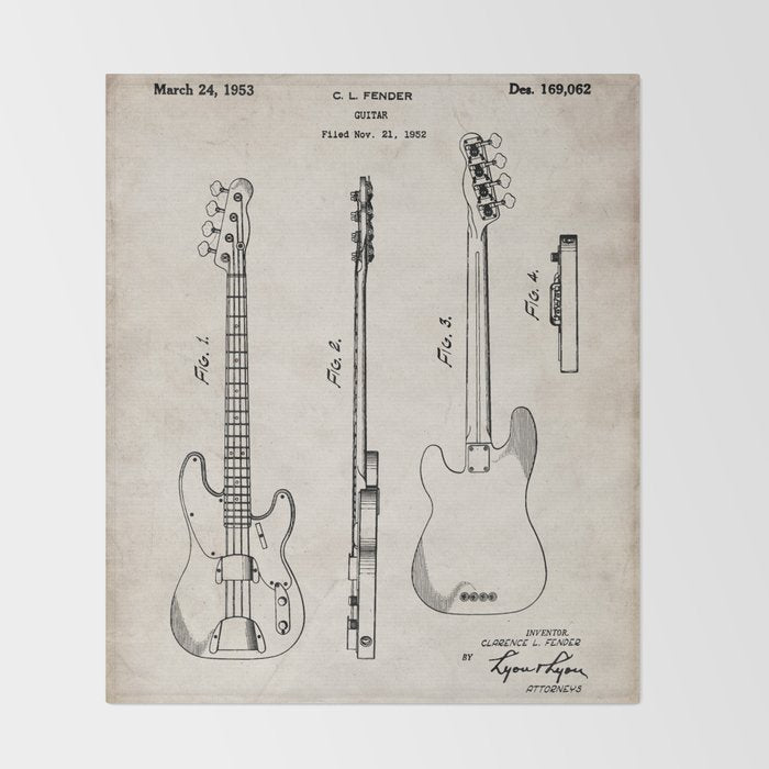 Bass Guitar Patent - Bass Guitarist Art - Antique Throw Blanket Gallery Image 2