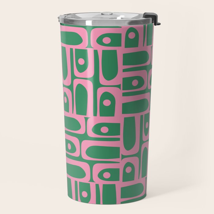 Mid Century Modern Piquet Abstract Multi Geometric Pattern in Retro Pink and Green Travel Mug Gallery Image 2