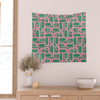 Mid Century Modern Piquet Abstract Multi Geometric Pattern in Retro Pink and Green Wall Tapestry Gallery Image 2