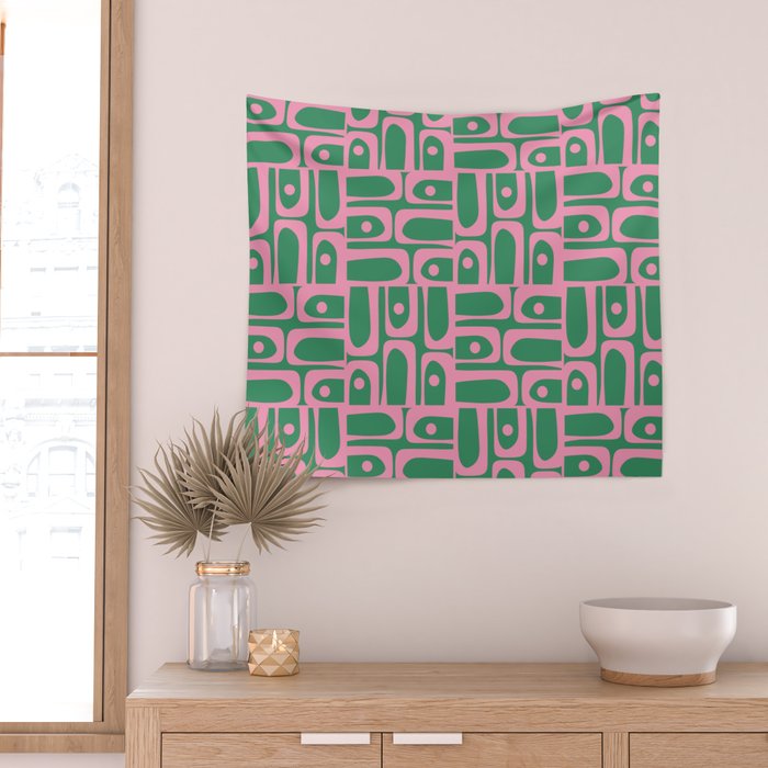 Mid Century Modern Piquet Abstract Multi Geometric Pattern in Retro Pink and Green Wall Tapestry Gallery Image 2