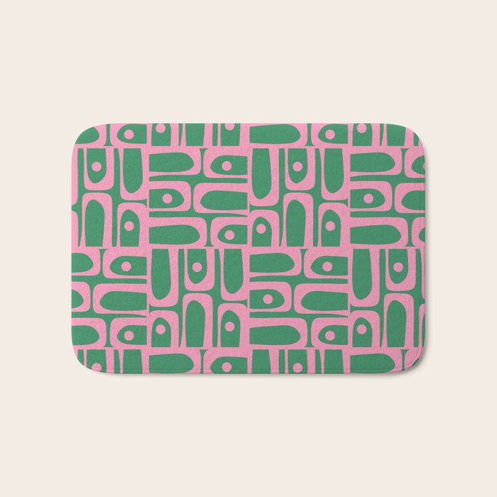 Mid Century Modern Piquet Abstract Multi Geometric Pattern in Retro Pink and Green Bath Mat Gallery Image 1