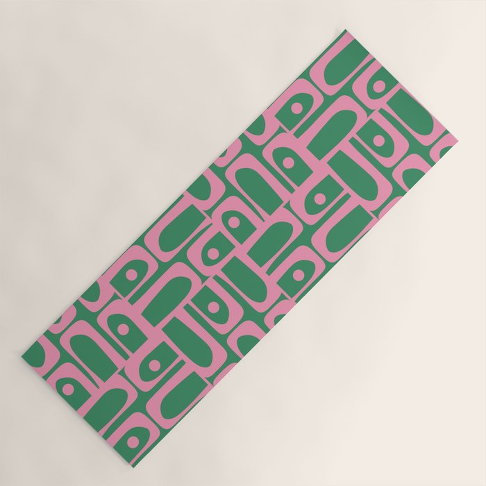 Mid Century Modern Piquet Abstract Multi Geometric Pattern in Retro Pink and Green Yoga Mat Gallery Image 1