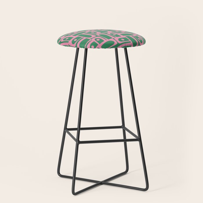 Mid Century Modern Piquet Abstract Multi Geometric Pattern in Retro Pink and Green Stool Gallery Image 1
