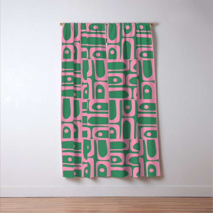 Mid Century Modern Piquet Abstract Multi Geometric Pattern in Retro Pink and Green Window Curtain Gallery Image 3