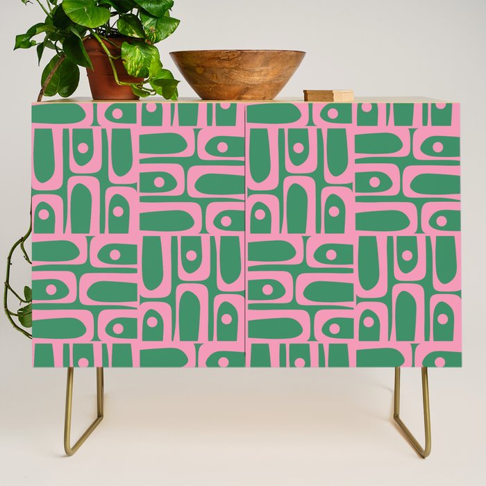 Mid Century Modern Piquet Abstract Multi Geometric Pattern in Retro Pink and Green Credenza Gallery Image 1