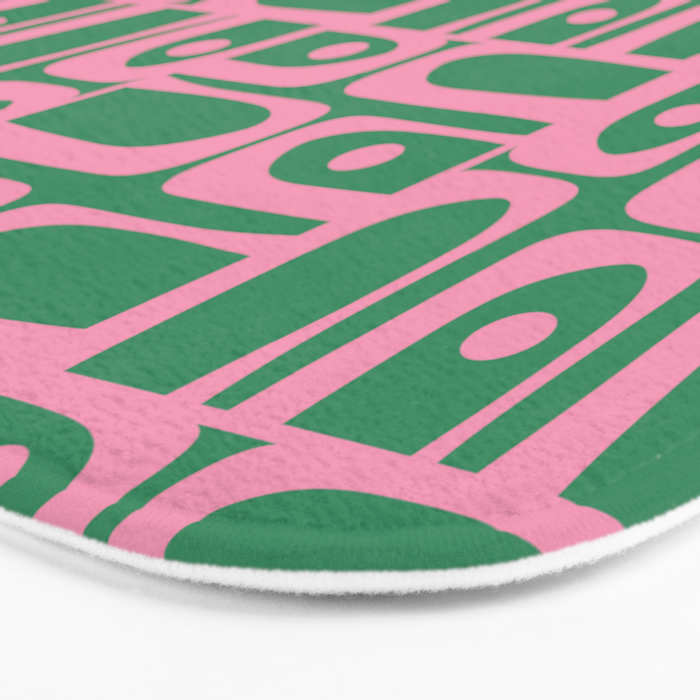 Mid Century Modern Piquet Abstract Multi Geometric Pattern in Retro Pink and Green Bath Mat Gallery Image 3