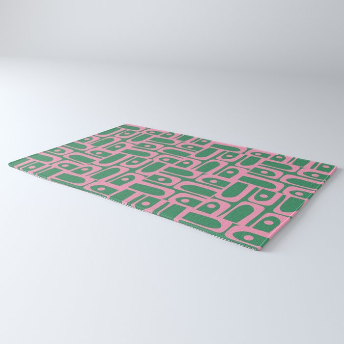 Mid Century Modern Piquet Abstract Multi Geometric Pattern in Retro Pink and Green Rug Gallery Image 3