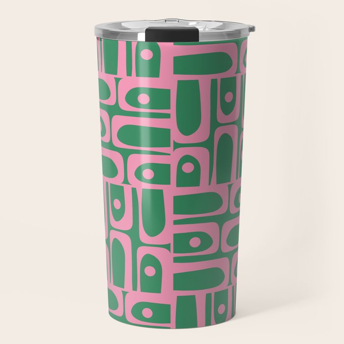 Mid Century Modern Piquet Abstract Multi Geometric Pattern in Retro Pink and Green Travel Mug Gallery Image 1