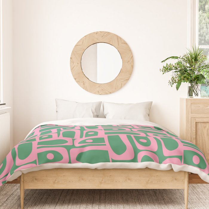 Mid Century Modern Piquet Abstract Multi Geometric Pattern in Retro Pink and Green Duvet Cover Gallery Image 3
