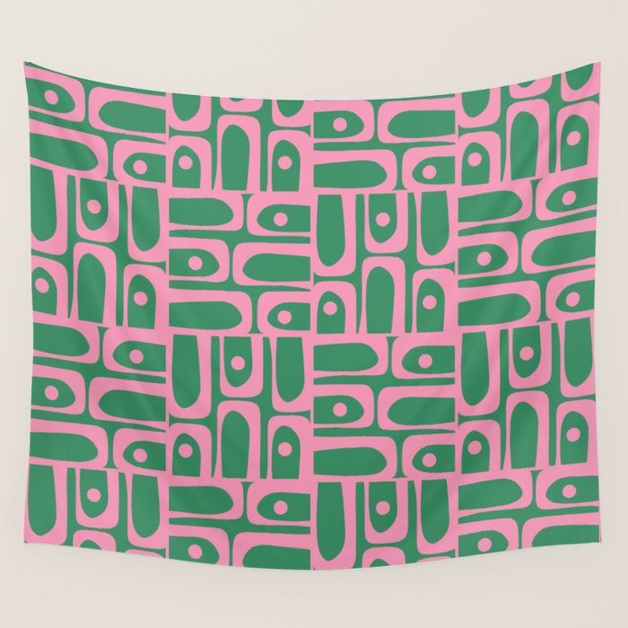 Mid Century Modern Piquet Abstract Multi Geometric Pattern in Retro Pink and Green Wall Tapestry Gallery Image 4