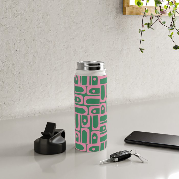 Mid Century Modern Piquet Abstract Multi Geometric Pattern in Retro Pink and Green Water Bottle Gallery Image 4