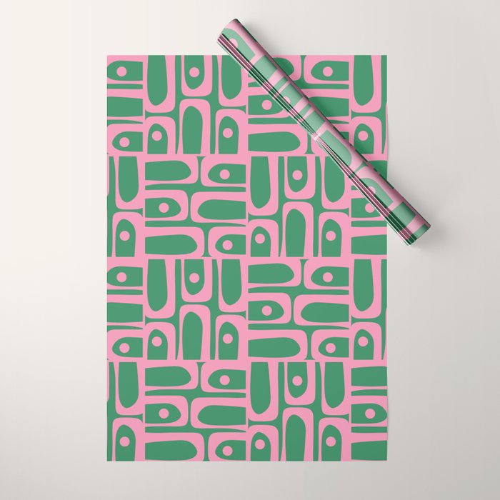 Mid Century Modern Piquet Abstract Multi Geometric Pattern in Retro Pink and Green Wrapping Paper Gallery Image 1