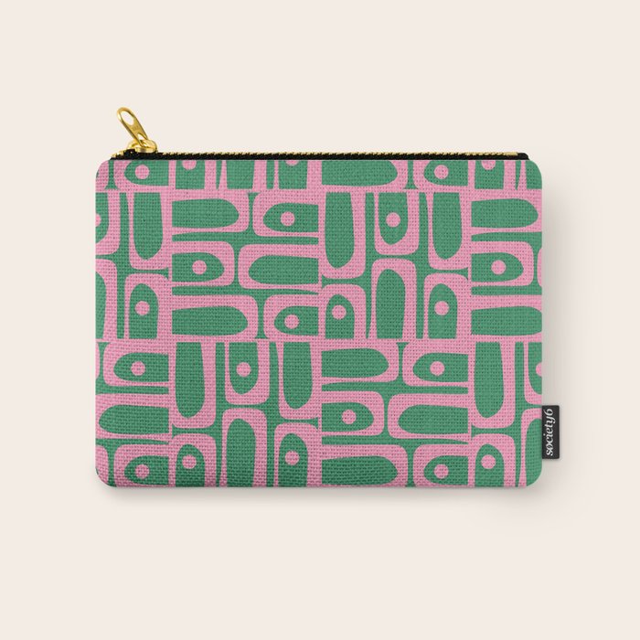 Mid Century Modern Piquet Abstract Multi Geometric Pattern in Retro Pink and Green Carry All Pouch Gallery Image 1