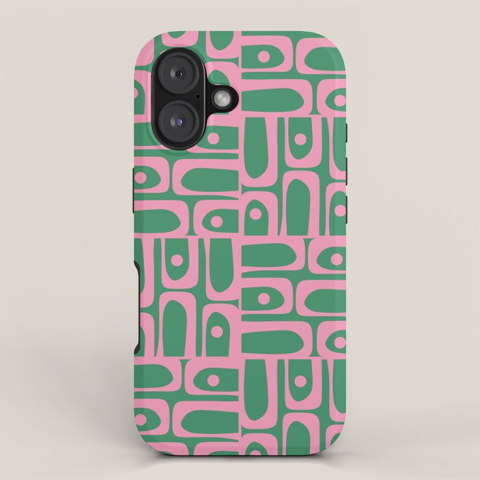 Mid Century Modern Piquet Abstract Multi Geometric Pattern in Retro Pink and Green iPhone Case Gallery Image 1