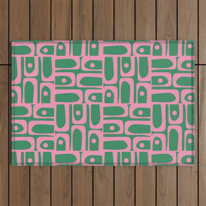 Mid Century Modern Piquet Abstract Multi Geometric Pattern in Retro Pink and Green Outdoor Rug Gallery Image 1