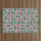 Mid Century Modern Piquet Abstract Multi Geometric Pattern in Retro Pink and Green Outdoor Rug Gallery Image 1