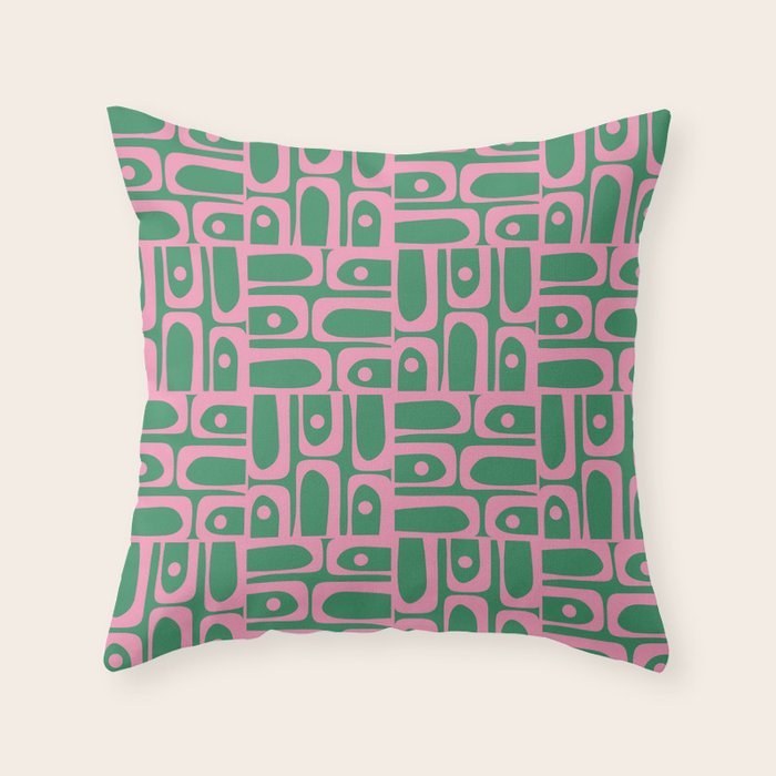 Mid Century Modern Piquet Abstract Multi Geometric Pattern in Retro Pink and Green Throw Pillow Gallery Image 2