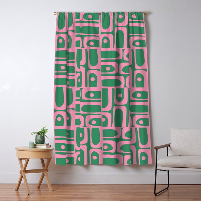 Mid Century Modern Piquet Abstract Multi Geometric Pattern in Retro Pink and Green Window Curtain Gallery Image 5