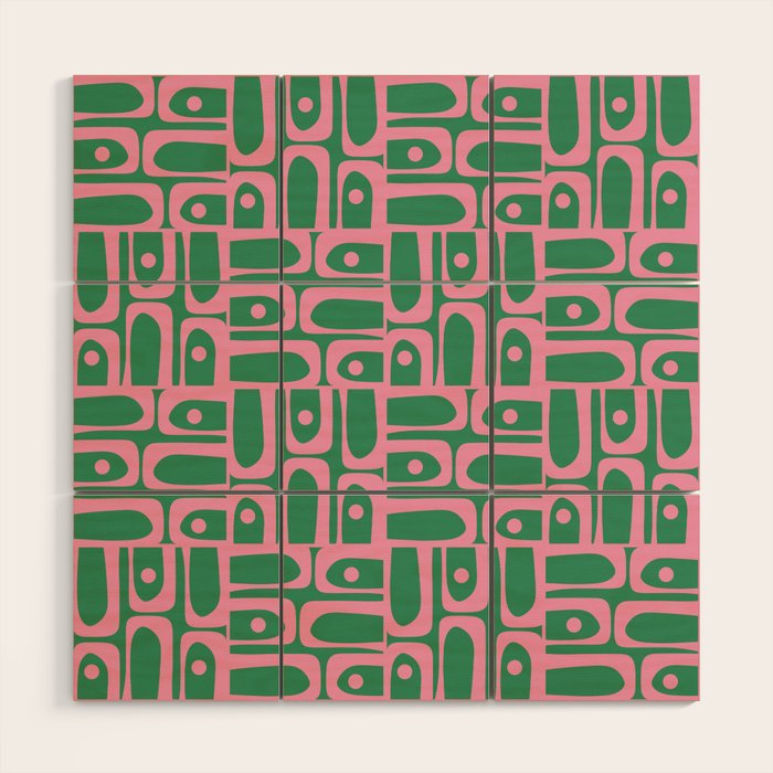 Mid Century Modern Piquet Abstract Multi Geometric Pattern in Retro Pink and Green Wood Wall Art Gallery Image 1