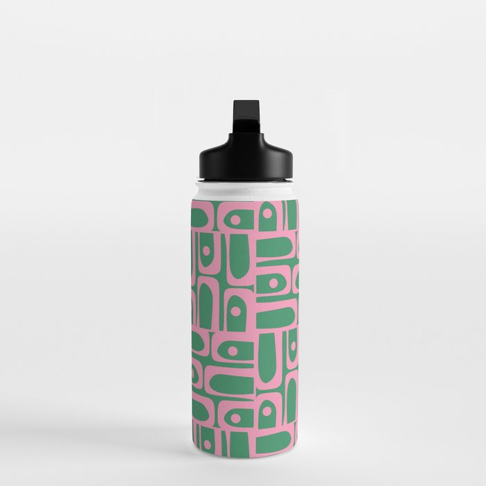Mid Century Modern Piquet Abstract Multi Geometric Pattern in Retro Pink and Green Water Bottle Gallery Image 3