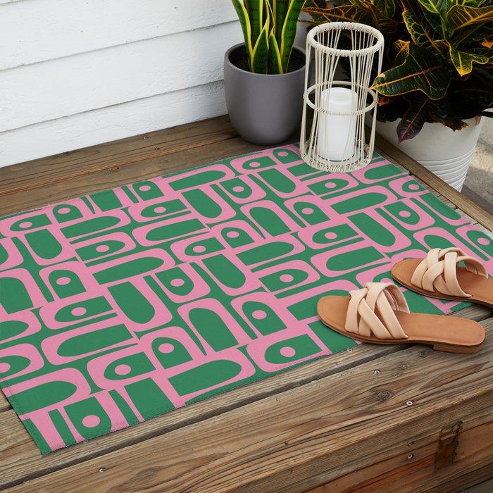 Mid Century Modern Piquet Abstract Multi Geometric Pattern in Retro Pink and Green Outdoor Rug Gallery Image 2