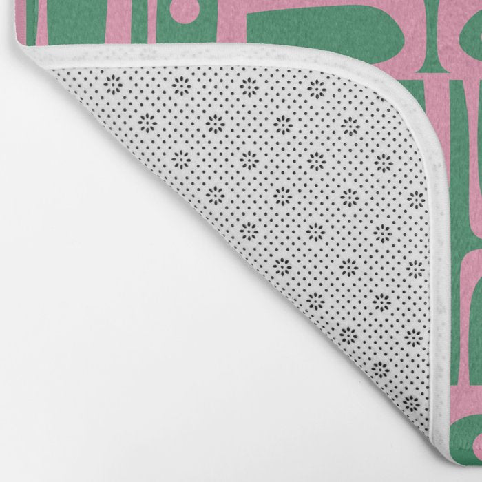 Mid Century Modern Piquet Abstract Multi Geometric Pattern in Retro Pink and Green Bath Mat Gallery Image 2