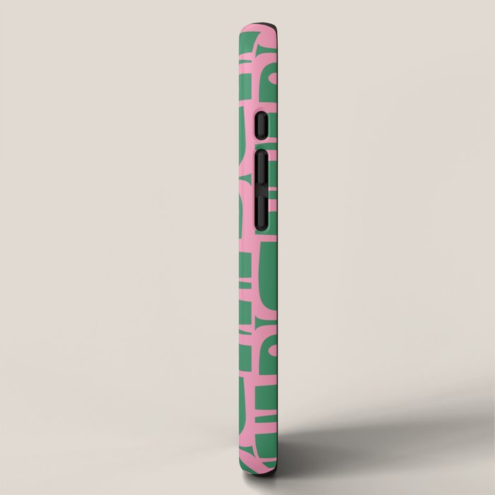 Mid Century Modern Piquet Abstract Multi Geometric Pattern in Retro Pink and Green iPhone Case Gallery Image 2