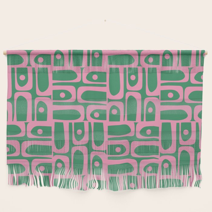 Mid Century Modern Piquet Abstract Multi Geometric Pattern in Retro Pink and Green Wall Hanging Gallery Image 1