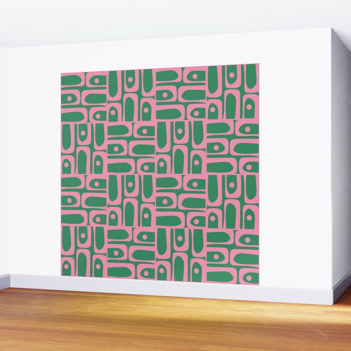 Mid Century Modern Piquet Abstract Multi Geometric Pattern in Retro Pink and Green Wall Mural Gallery Image 2