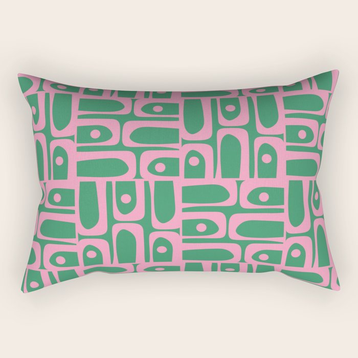 Mid Century Modern Piquet Abstract Multi Geometric Pattern in Retro Pink and Green Rectangular Pillow Gallery Image 1