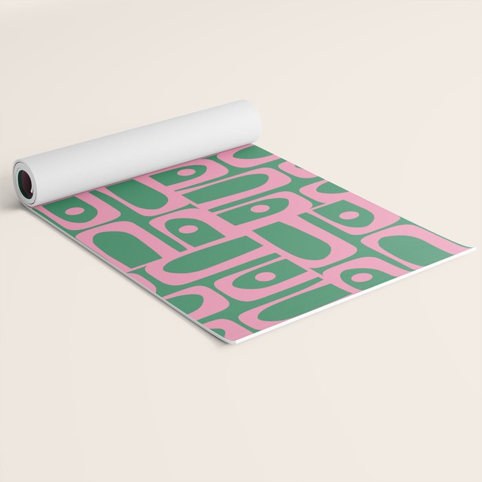 Mid Century Modern Piquet Abstract Multi Geometric Pattern in Retro Pink and Green Yoga Mat Gallery Image 2