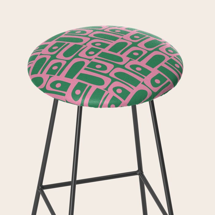 Mid Century Modern Piquet Abstract Multi Geometric Pattern in Retro Pink and Green Stool Gallery Image 2