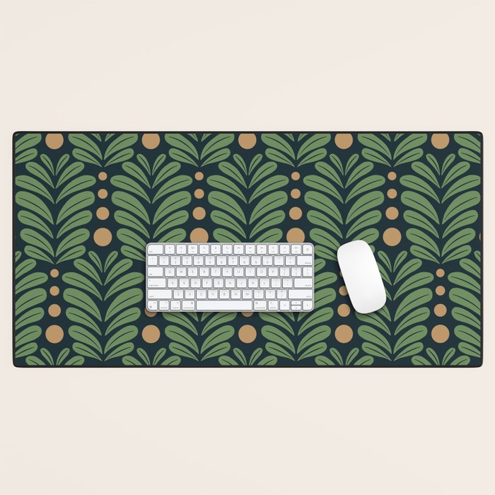 Green and Navy Botanical Scalloped Art Deco Pattern Desk Mat Gallery Image 1