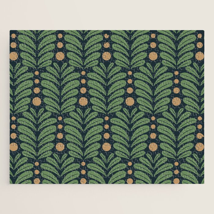 Green and Navy Botanical Scalloped Art Deco Pattern Jigsaw Puzzle Gallery Image 1