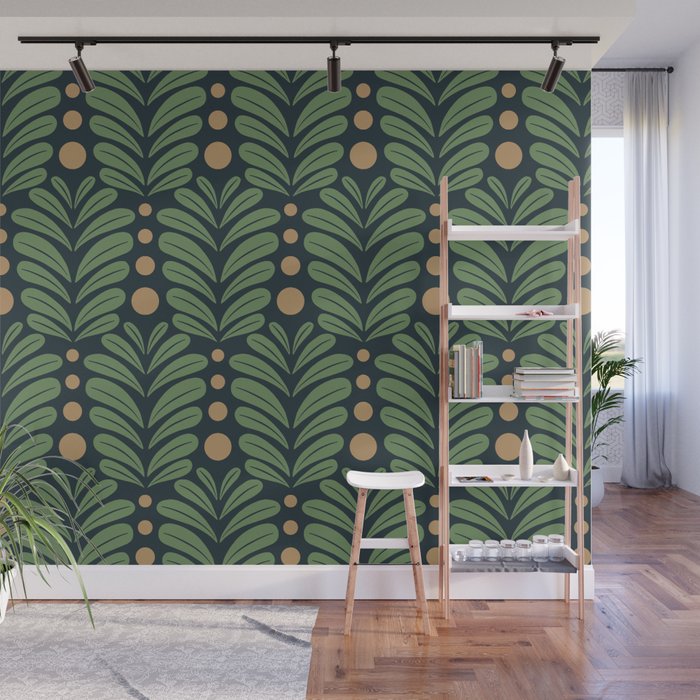 Green and Navy Botanical Scalloped Art Deco Pattern Wall Mural