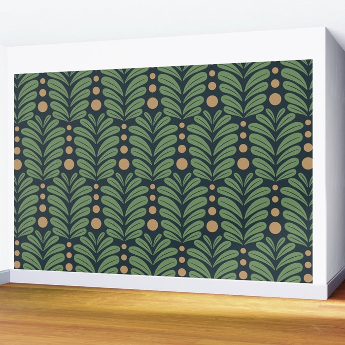 Green and Navy Botanical Scalloped Art Deco Pattern Wall Mural Gallery Image 2