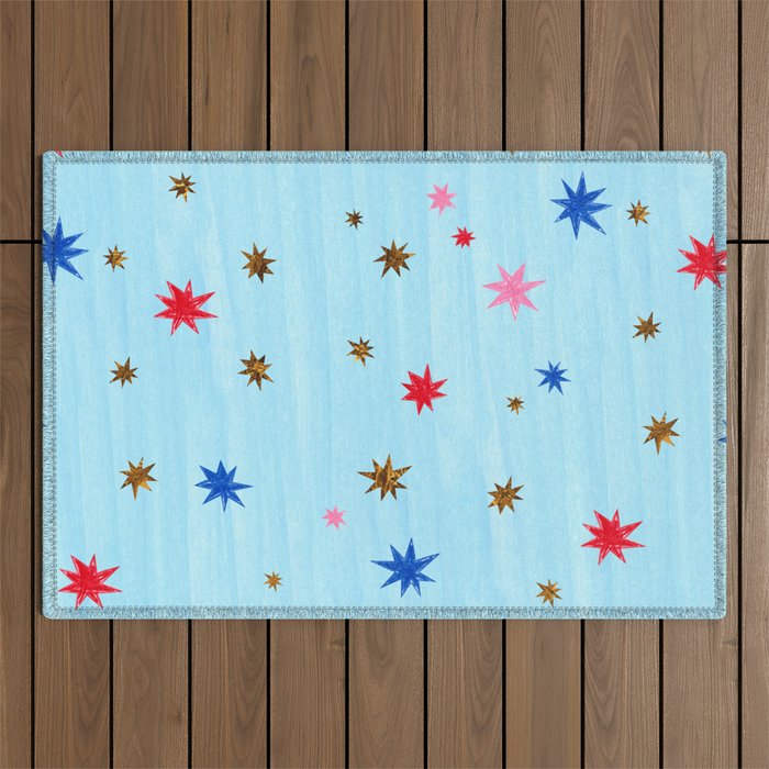 Celestial Star Twinkle in Sky Blue Watercolor Outdoor Rug Gallery Image 1