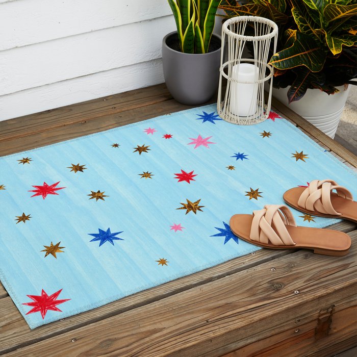 Celestial Star Twinkle in Sky Blue Watercolor Outdoor Rug Gallery Image 2