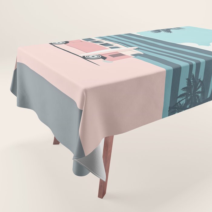 Surfer Graphic Beach Palm-Tree Camper-Van Art Tablecloth Gallery Image 1