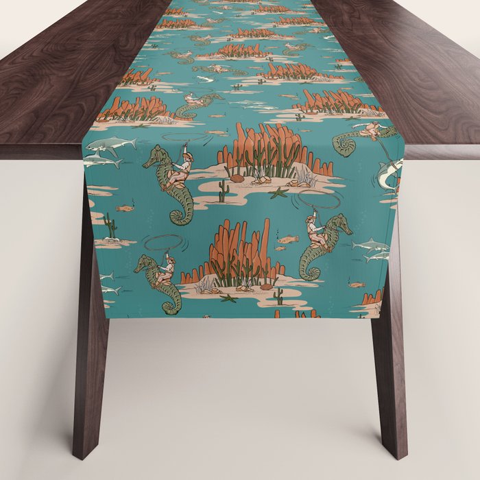 Quirky Western Cowboys on Seahorses Roping Sharks Table Runner