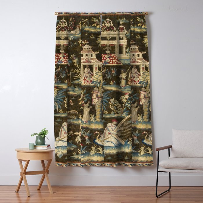 Antique 18th Century Chinoiserie Landscape Tapestry Window Curtain Gallery Image 5
