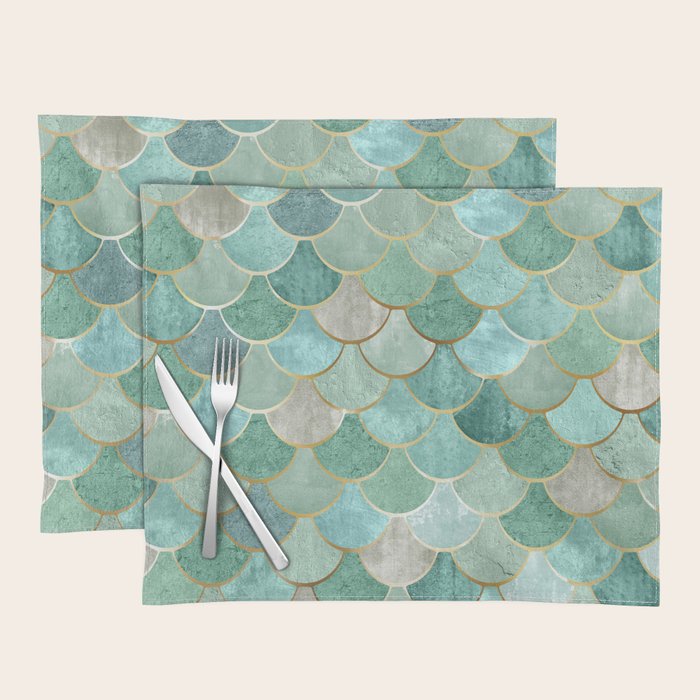 Moroccan Mermaid Fish Scale Pattern, Green and Gold Placemat Gallery Image 1