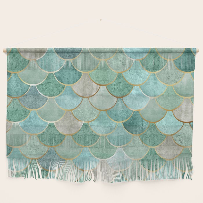 Moroccan Mermaid Fish Scale Pattern, Green and Gold Wall Hanging Gallery Image 1