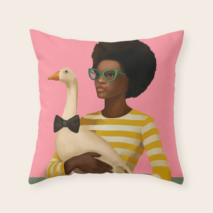 Stylish Woman Holding Goose in Striped Dress Throw Pillow Gallery Image 1