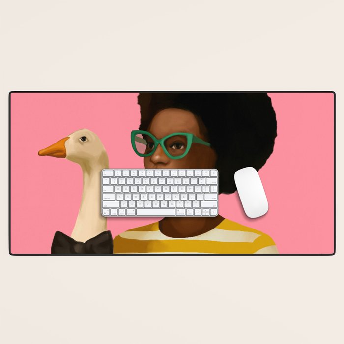 Stylish Woman Holding Goose in Striped Dress Desk Mat Gallery Image 1